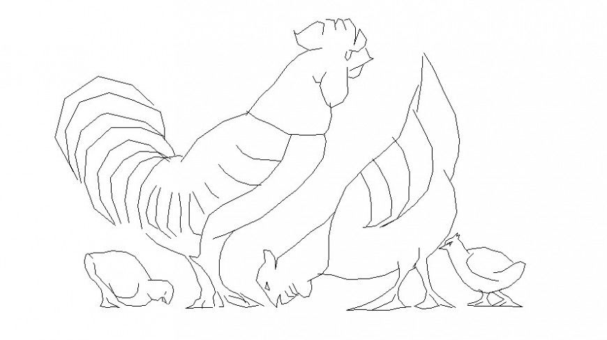 Hen and cock drawings 2d view elevation of birds blocks dwg file