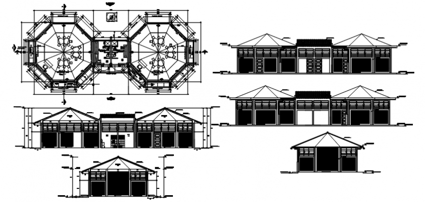 Hexagonal floor plan and elevation of hotel in auto cad file