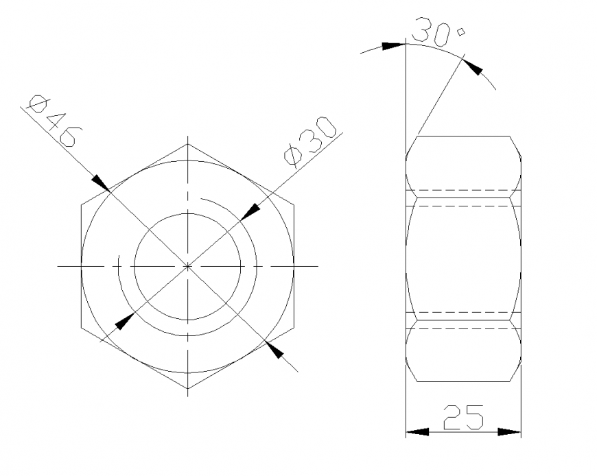 Hexagonal nut cad block detail elevation 2d view autocad file