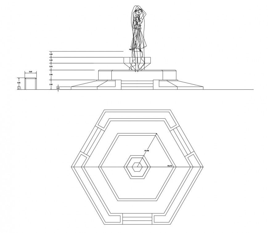 Hexagonal shape fountain design detail 2d view autocad file