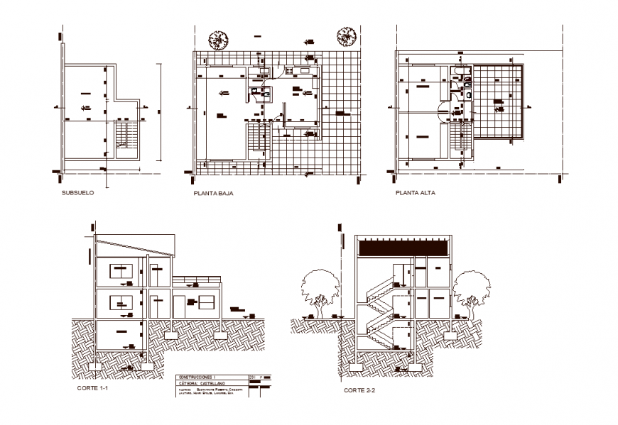 High and low plan with sectional detail of house design dwg file