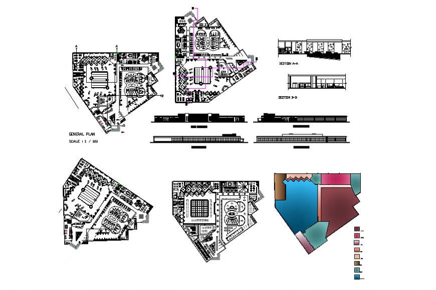 High facilitated gym elevation, section, general plan and floor plan details dwg file