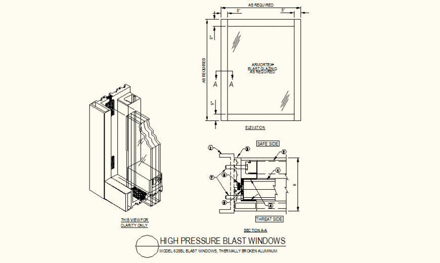 High pressure blast window detail plan and elevation dwg file