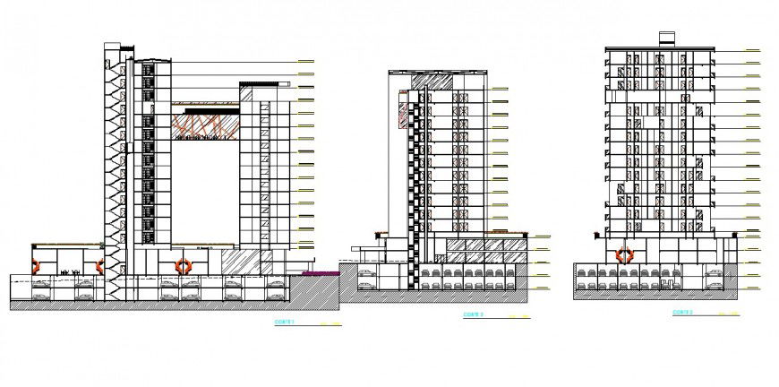 High raised hotel elevation detail drawing in dwg AutoCAD file.