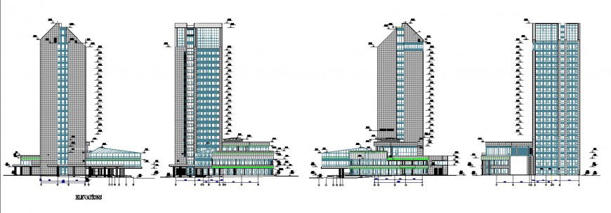 High raised modern hotel elevation drawing in dwg AutoCAD file.