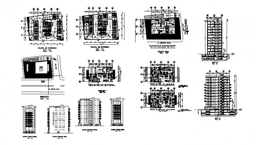 High rise building elevation and plan detail drawing in AutoCAD file.