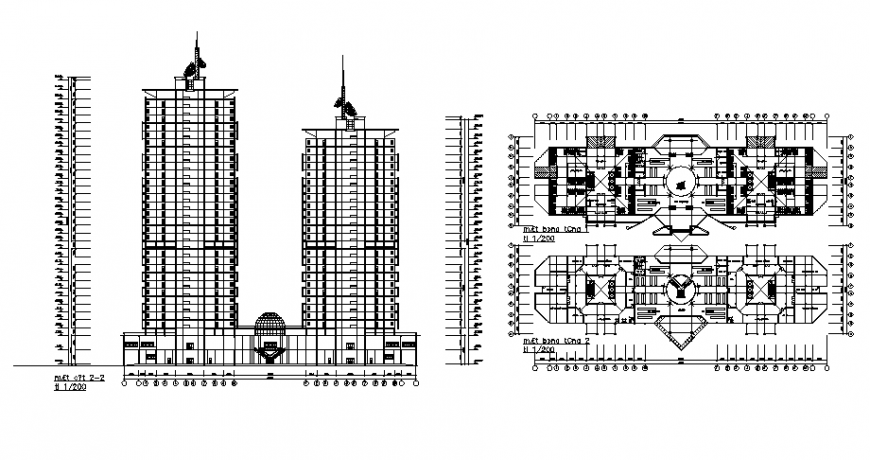 High rise building elevation and layout plan details dwg file