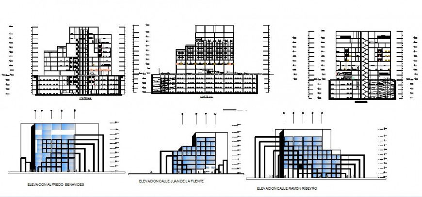 High rise building elevation and section 2d view CAD structural block layout dwg file
