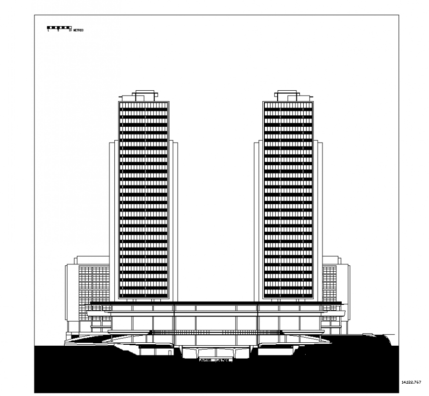 High rise building elevation design with architecture detail dwg file