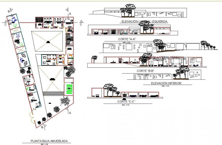 High rise building elevation detail file and plan