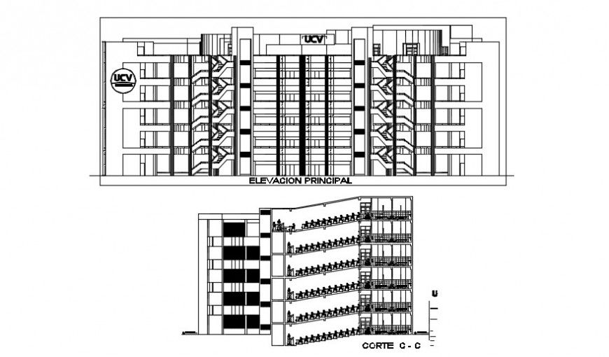 High rise building front sectional detail dwg file