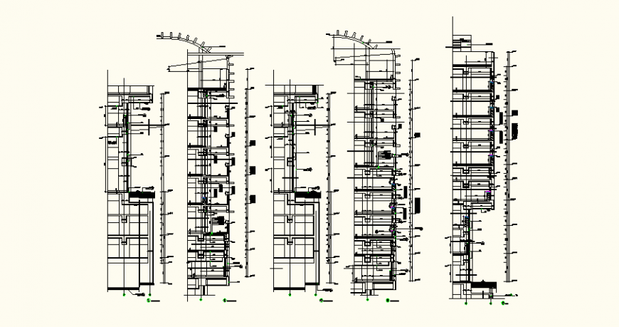 High rise co-operative building detail elevation and plan dwg file