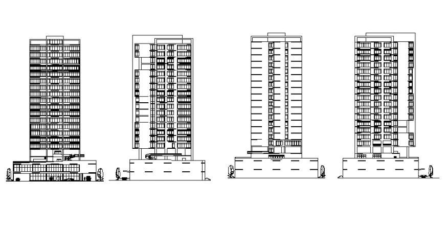 High rise corporate office building tower all sided elevation and section details dwg file