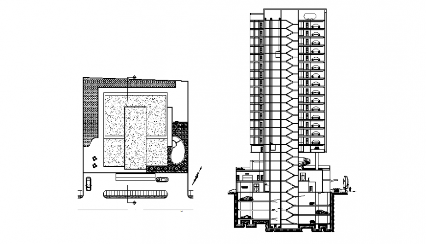 High rise corporate office tower facade section and ground floor details dwg file