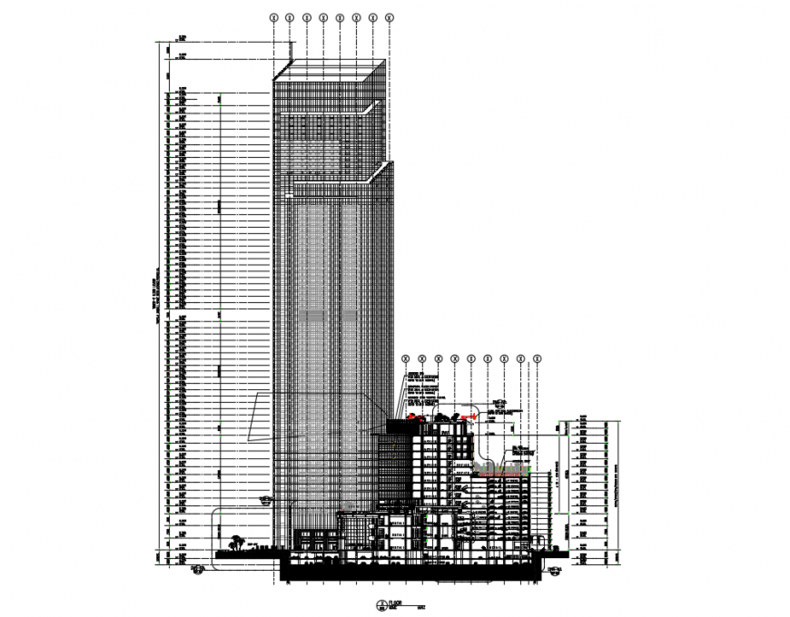 High rise corporate tower elevation with section cad drawing details dwg file