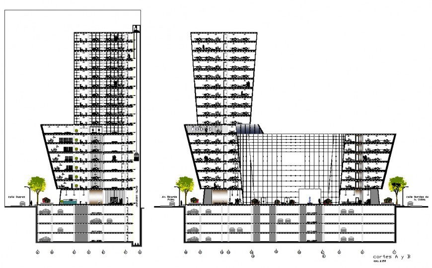High rise office building main and back section with multiple parking floors dwg file