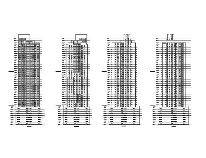 High rise office building tower all sided elevations details dwg file