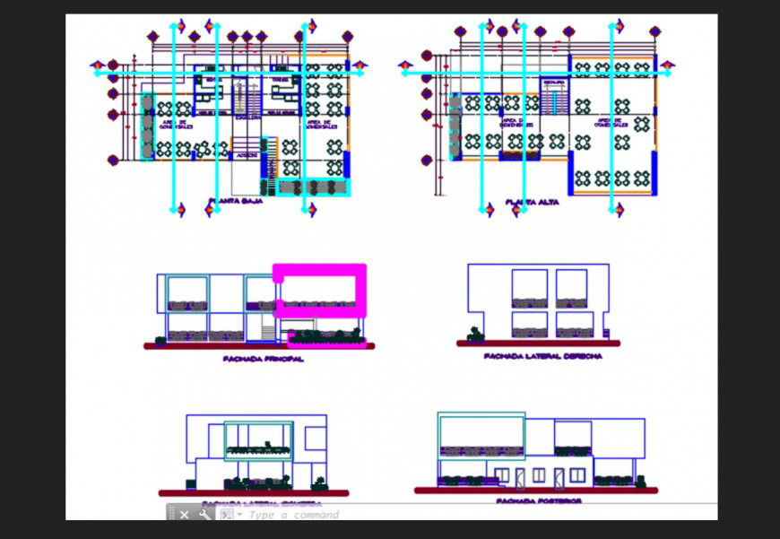 High school all sided elevation and floor plan cad drawing details dwg file