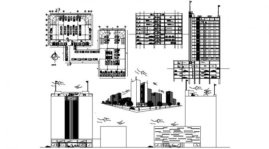 High story building drawings 2d view elevation and section dwg file