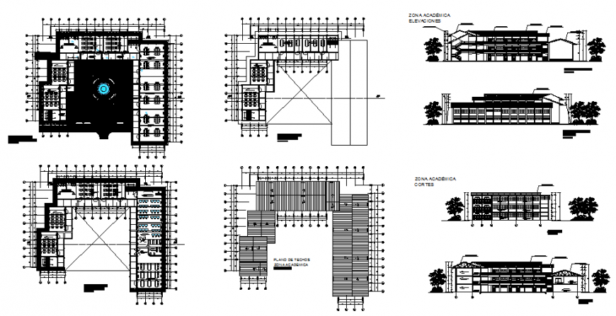 Higher education college building elevation, section and floor plan details dwg file