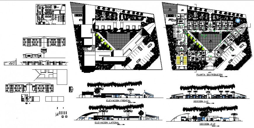 Higher secondary school building elevation, section and floor plan cad drawing details dwg file