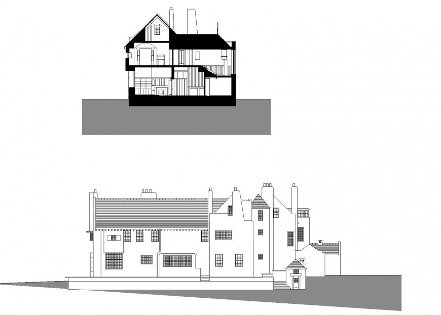 Hill house elevation and section autocad file