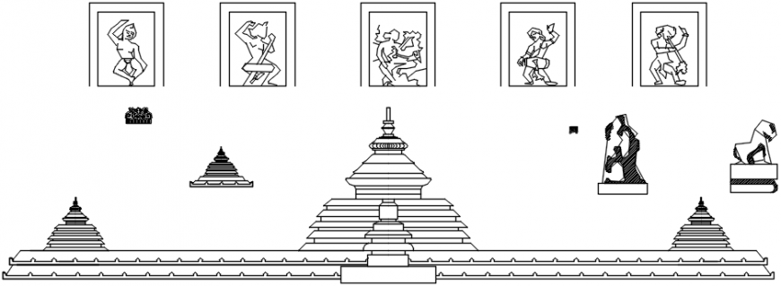 Hindu temple dome elevation and decorative equipment details dwg file