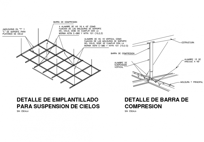 Hinged detail for suspension of skies compression bar of ceiling detail dwg file