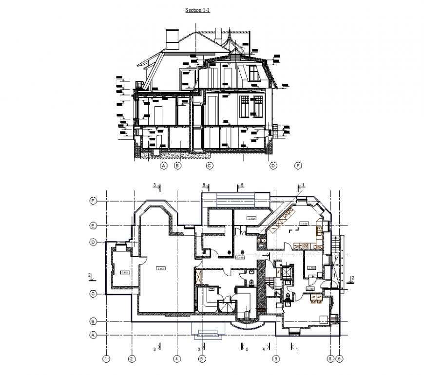 Historic villa plan and section with architectural design dwg file