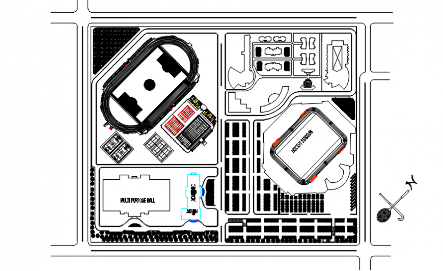 Hockey stadium and hall top view plan dwg file
