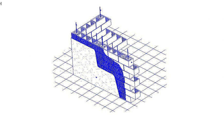 Hollow block wall with its construction in isometric view for AutoCAD file