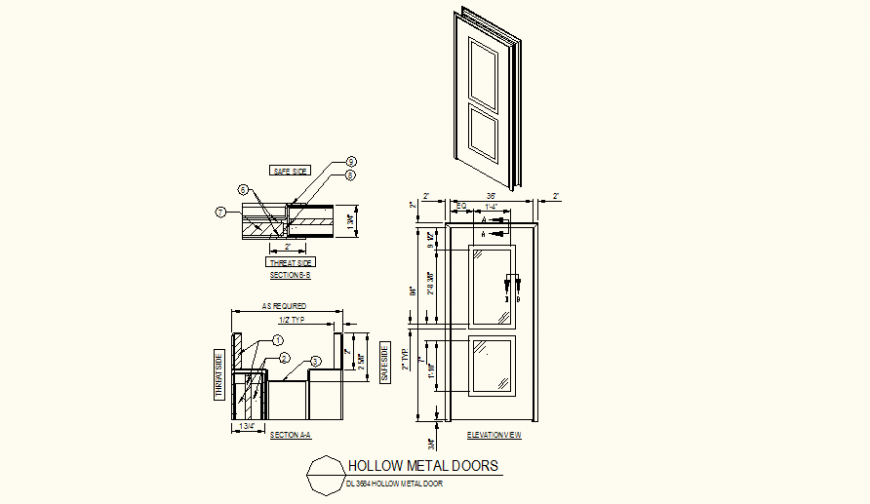 Hollow glass metal door detail plan, elevation and section autocad file