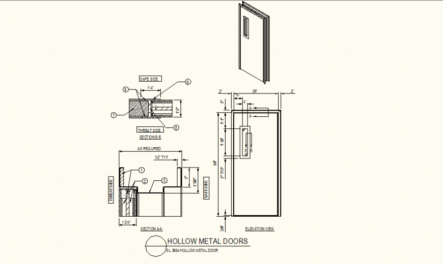 Hollow metal door detail plan and elevation dwg file
