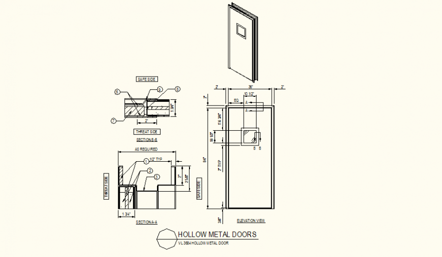 Hollow metal door perspective view detail layout file