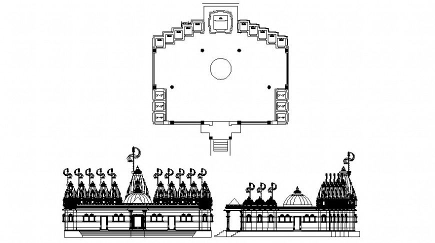 Holy temple building 2d view elevation and plan autocad file