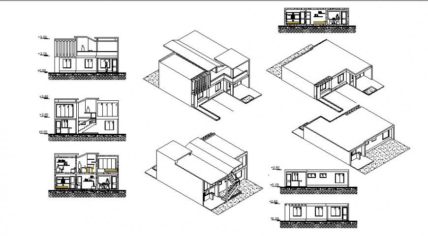Home elevation with isometric view in auto cad