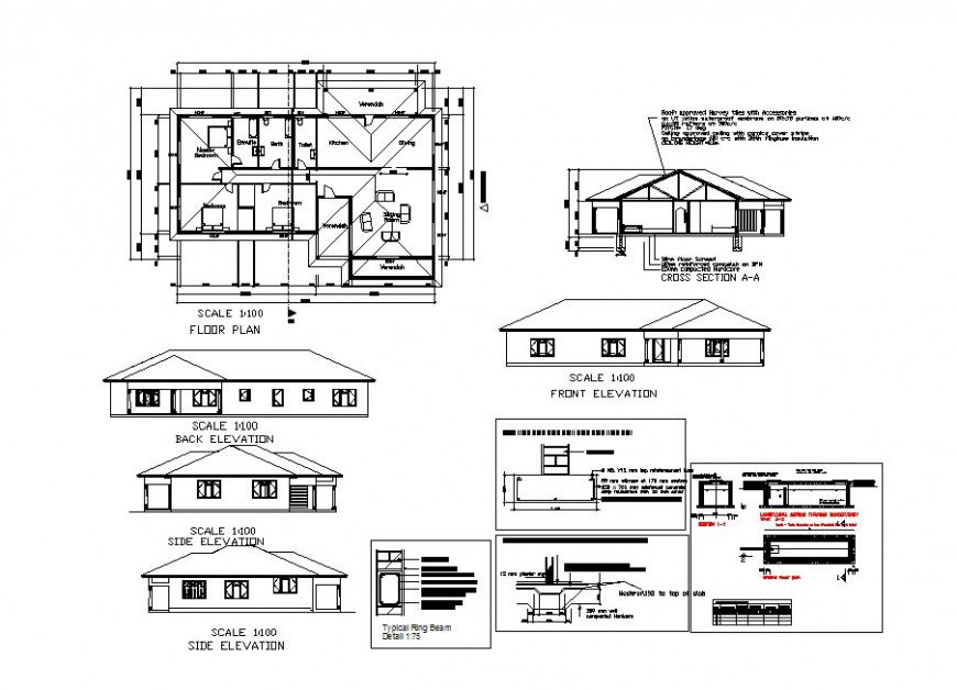 Home one family elevation, section and plan drawing details dwg file