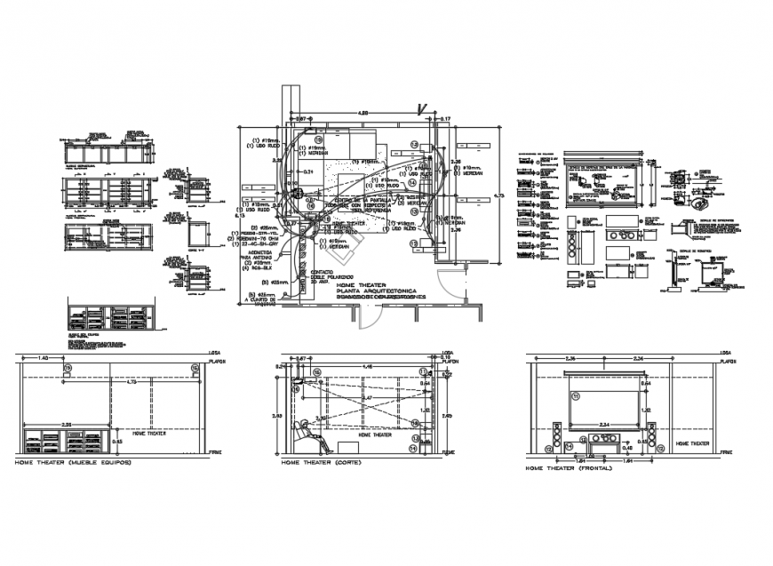 Home theater elevation, section and electrical plan details dwg file