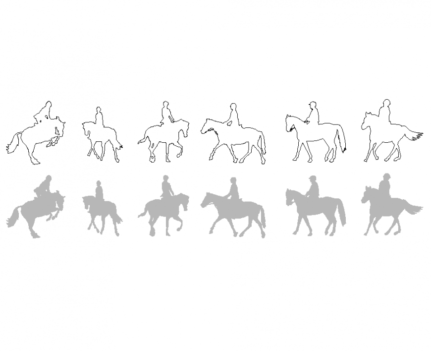 Horse and rider different position with her shadow with block design dwg file