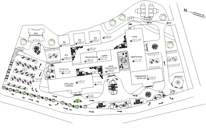 Hospital building and area plan layout 2d view dwg file