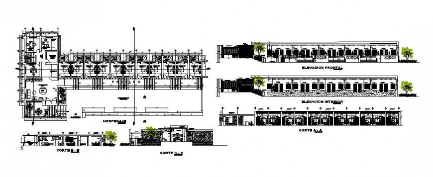 Hospital building center line plan with elevation and sectional detail in autocad format