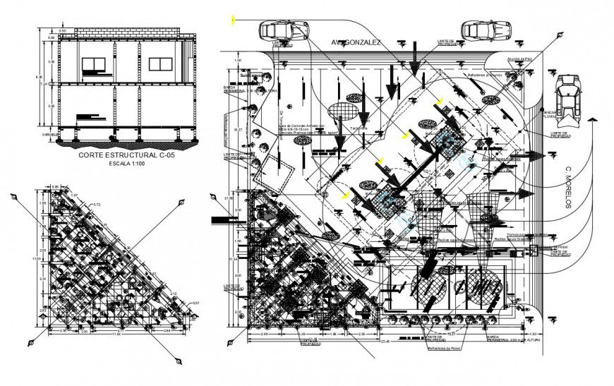 Hospital building constructive section and distribution plan details dwg file