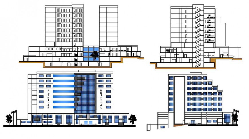 Hospital building elevation and section autocad drawing