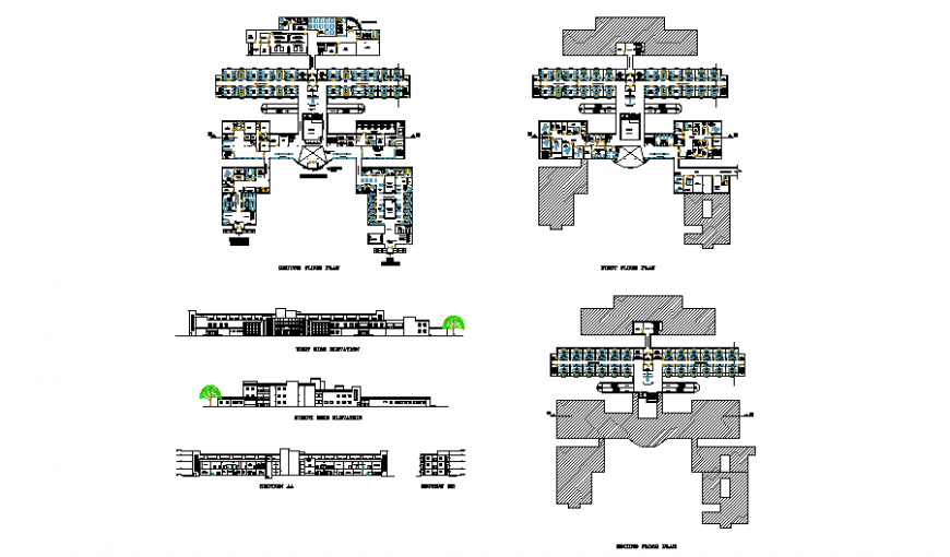 Hospital building floor plan with elevation drawing in dwg file.
