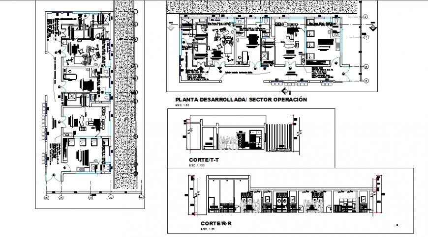 Hospital departments floor plan and sectional details dwg file
