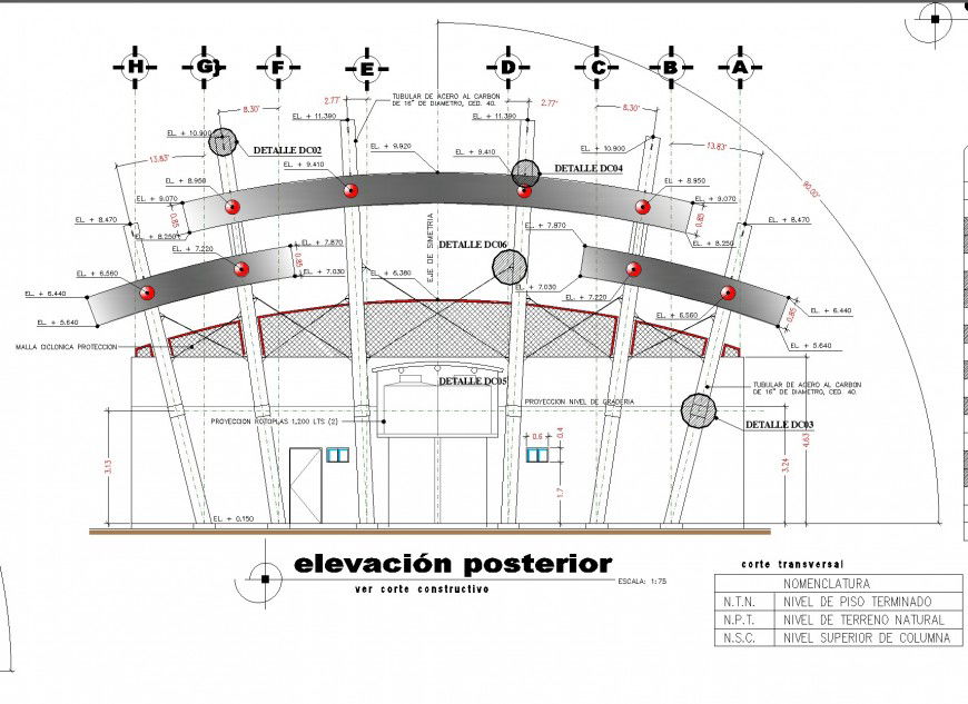 Hospital elevation reinforcement hidden line autocad file