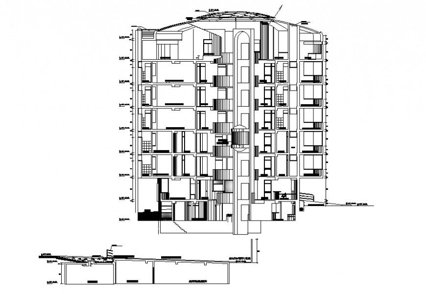 Hospital elevation with clinic detail of auto cad file