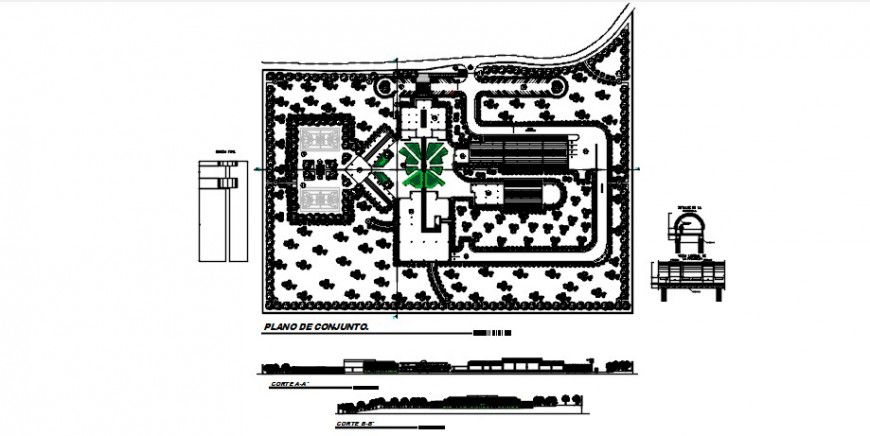 Hospital elevations and section and garden landscaping structure drawing details dwg file