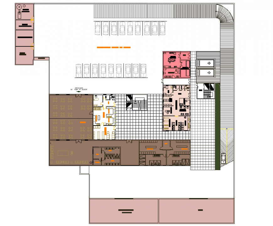 Hospital floor plan with restaurant drawing in dwg file.