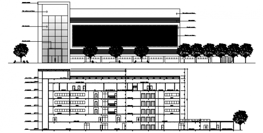 Hospital north elevation and section view in AutoCAD
